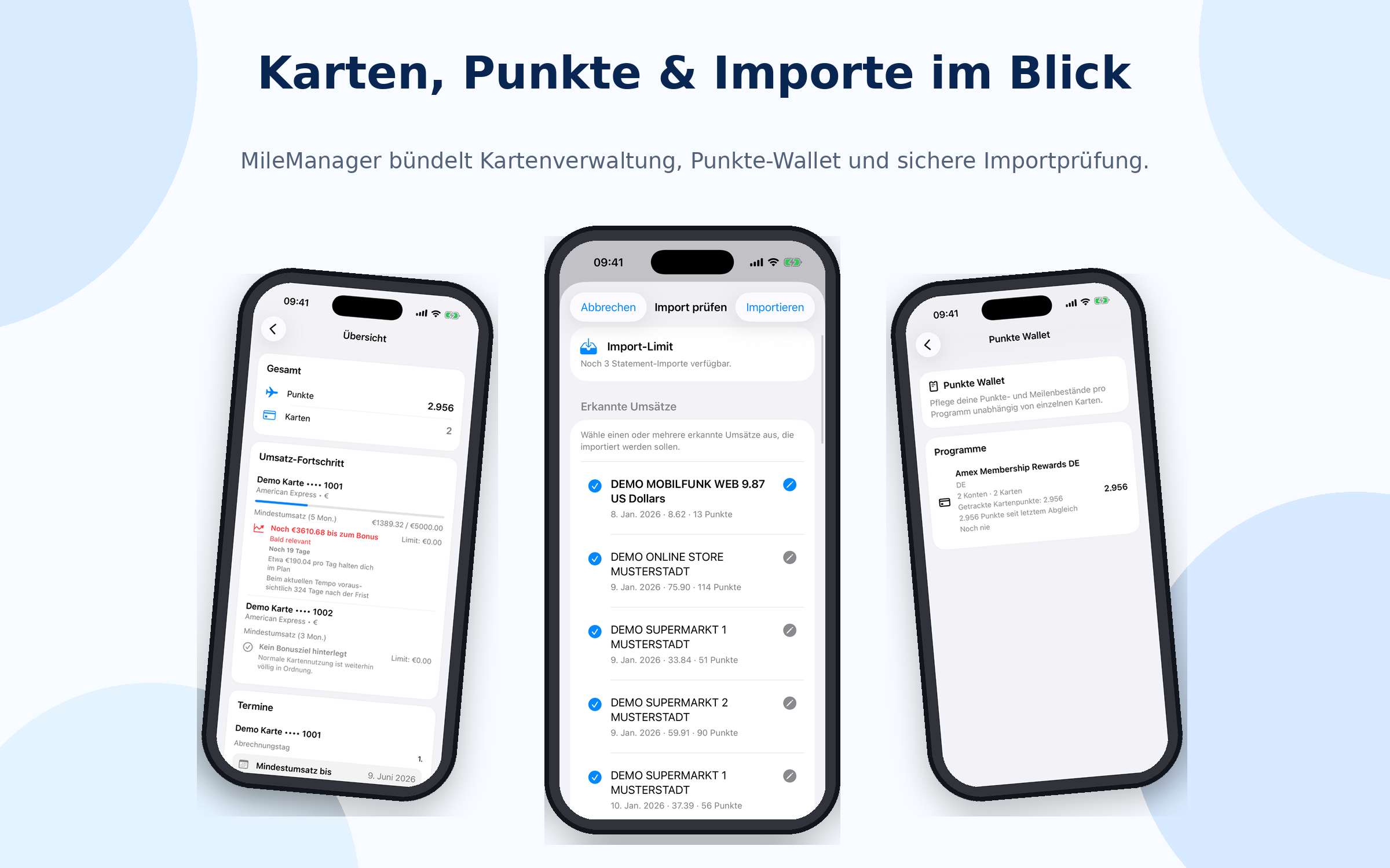 MileManager App-Screens für Übersicht, Import und Punkte-Wallet