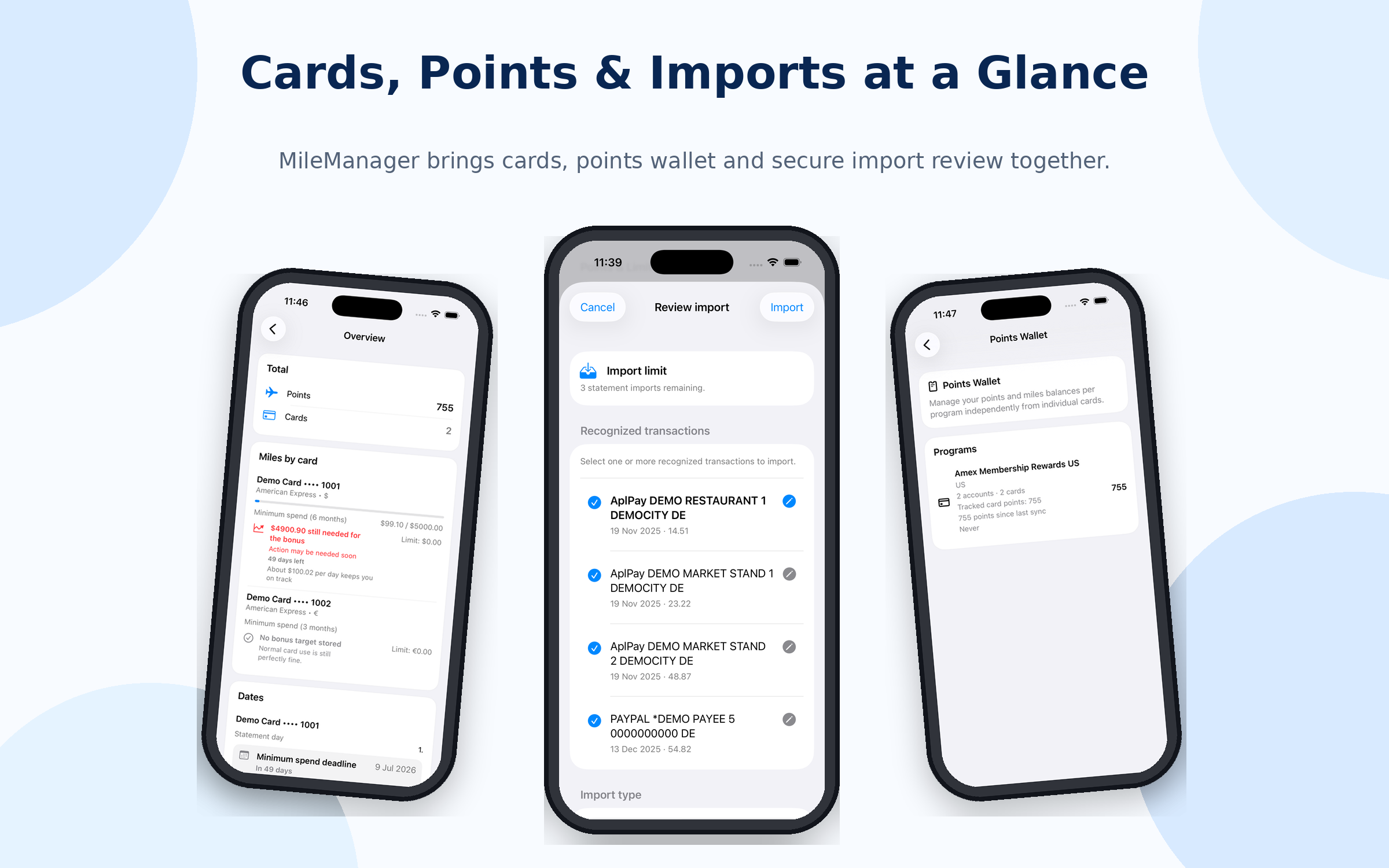MileManager app screens for overview, import and points wallet