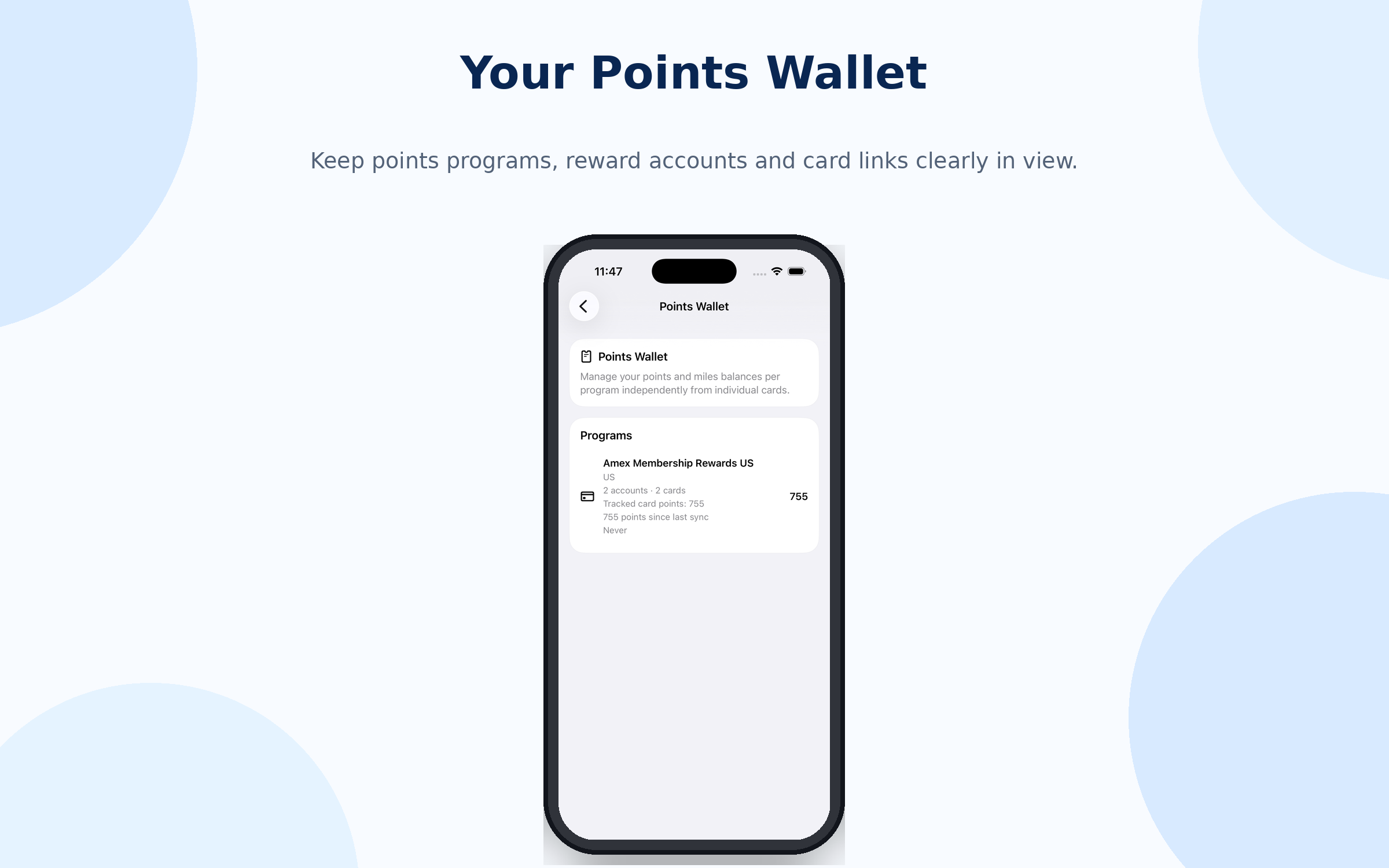 MileManager points wallet with programs and accounts